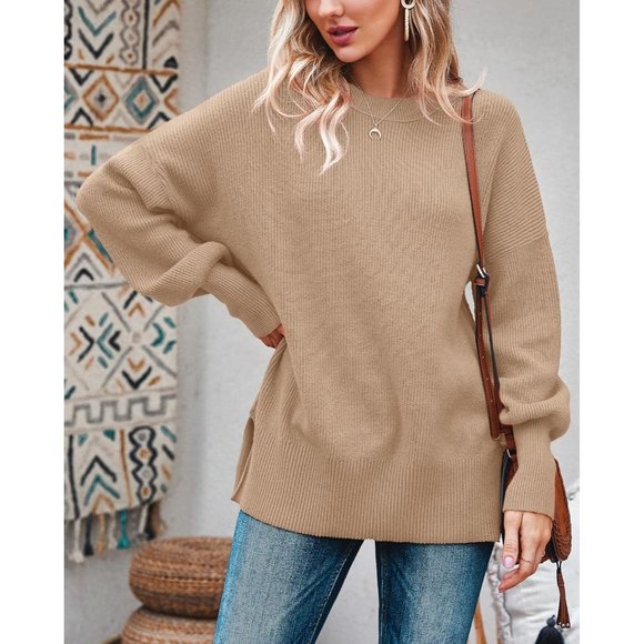 Womens Oversized Fall Slouchy Long Sleeve Ribbed Knit Side Slit Tunic Sweater - Picture 2 of 5